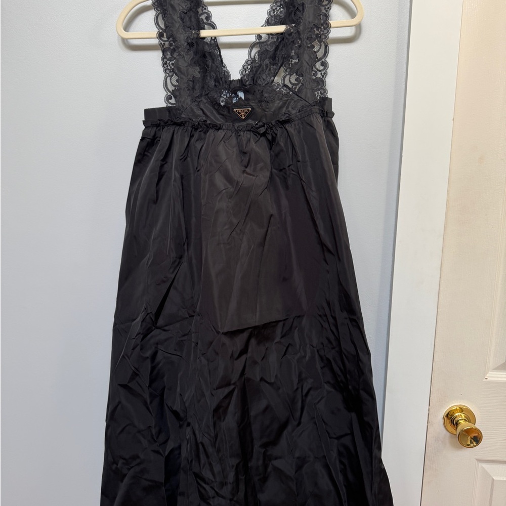 Prada Black Nylon Lace V-Back Slip Dress Medium